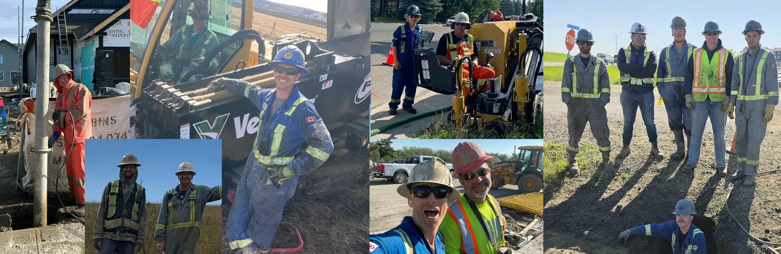 Photo collage of PTL Group underground utility contractor field crews, directional drilling operators, and hydrovac technicians on-site in high-visibility safety gear.