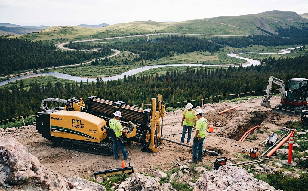 trenchless-directional-drilling-environmental-site High-angle view of a yellow directional drilling rig and construction workers at a hilltop utility excavation site overlooking a winding river valley and green forests.