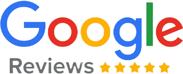 The multi-colored Google Reviews brand logo displayed alongside a five-star rating indicator on a transparent background.