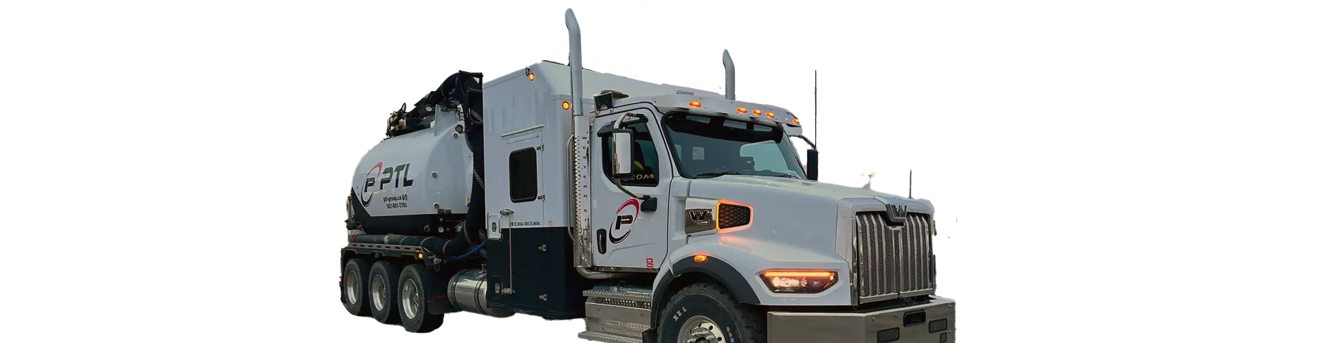 tri-axle-hydrovac-vacuum-truck White tri-axle hydrovac excavation truck with a high-capacity storage tank and vacuum boom isolated on a transparent background.